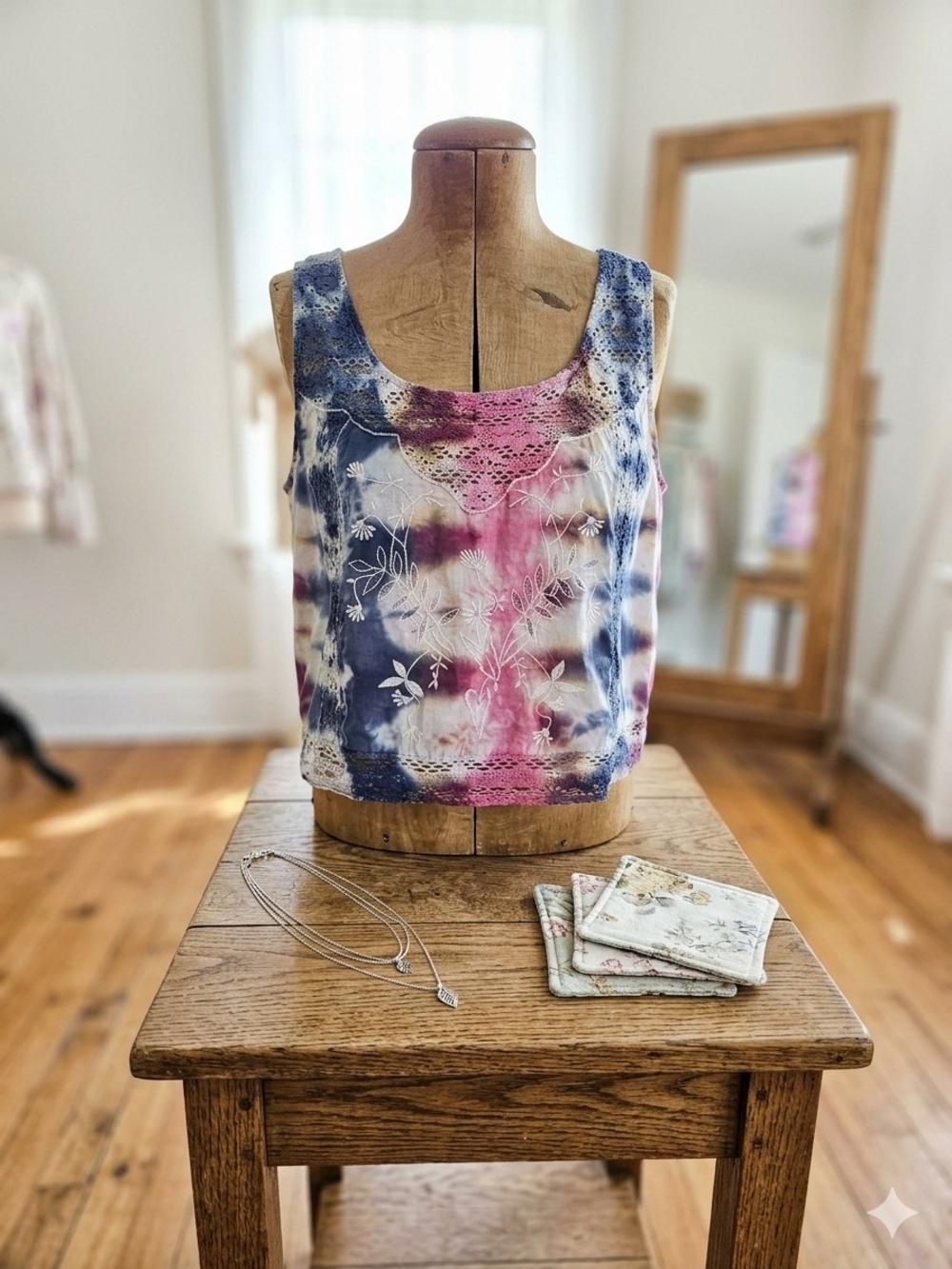 April Cornell Blue & Pink Tie-Dye Crochet Scoop Tank